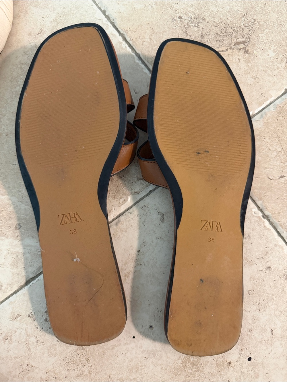 Zara Tan Leather Slide Sandals with Gold Buckles - Picture 7 of 7